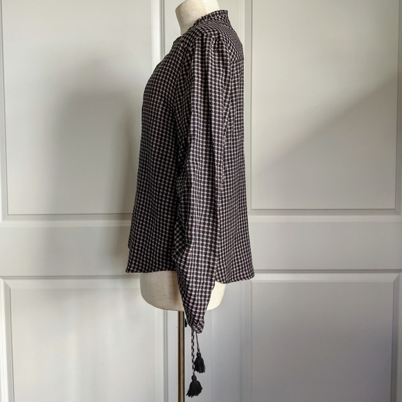 PAIGE Plaid Button Front Split Neck Ruffle Long Sleeve Tassel Black Mauve M NWT - Picture 10 of 14